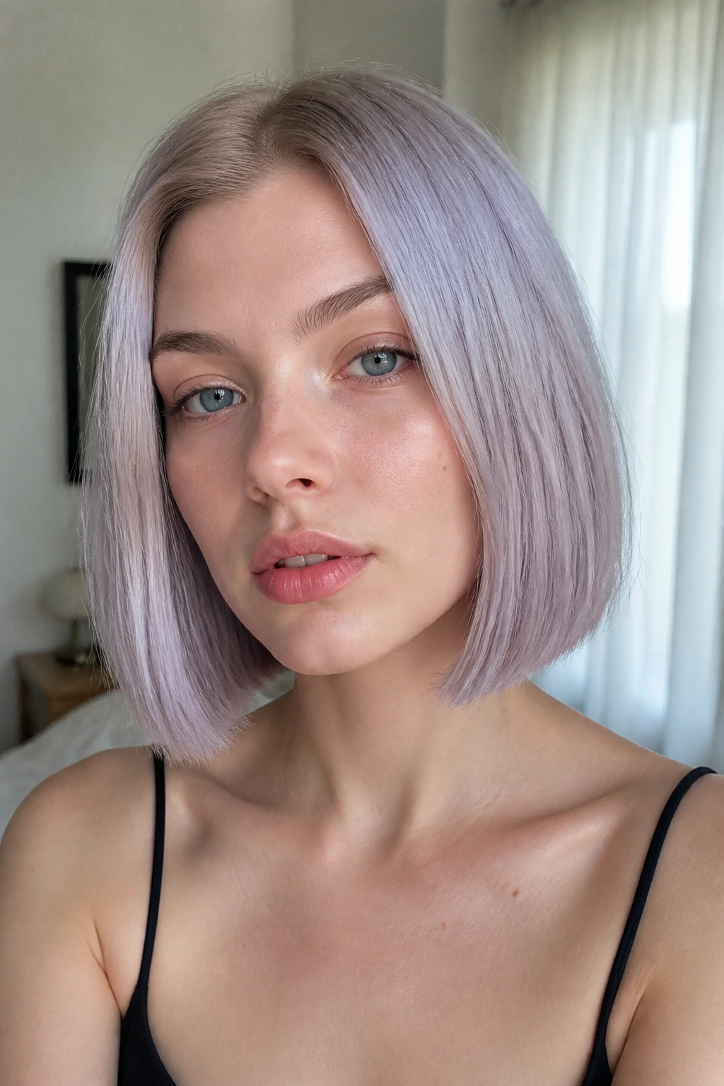Close-up portrait of a woman with an icy lavender bob, blunt cut and cool-toned lavender hair.