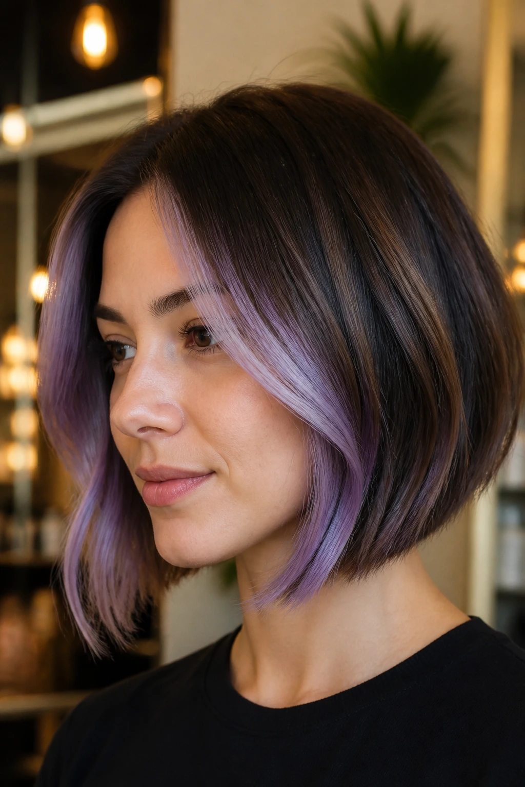 Portrait of a real person with lavender contour highlights shaping a bob near cheekbones and jawline