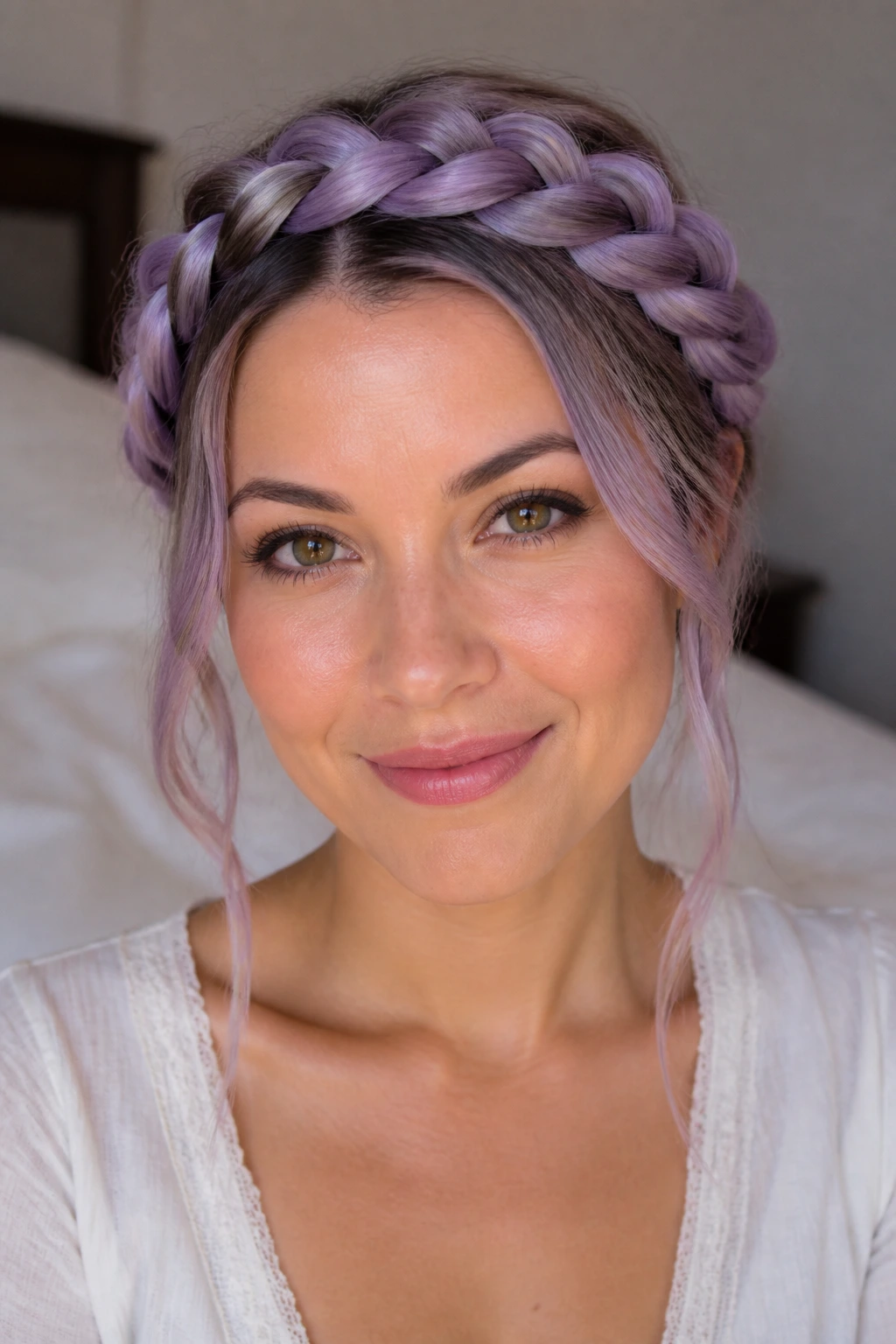 Close-up of a real person wearing a lavender French braid crown