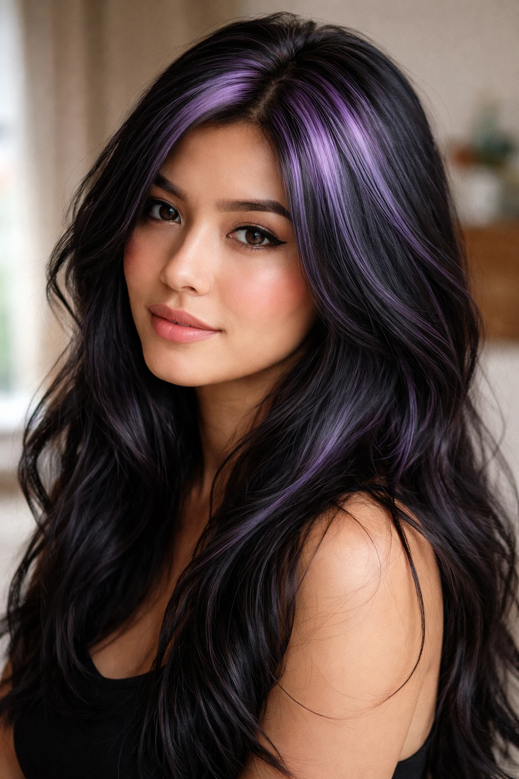 Close-up portrait of a real woman with lavender crown highlights on black hair