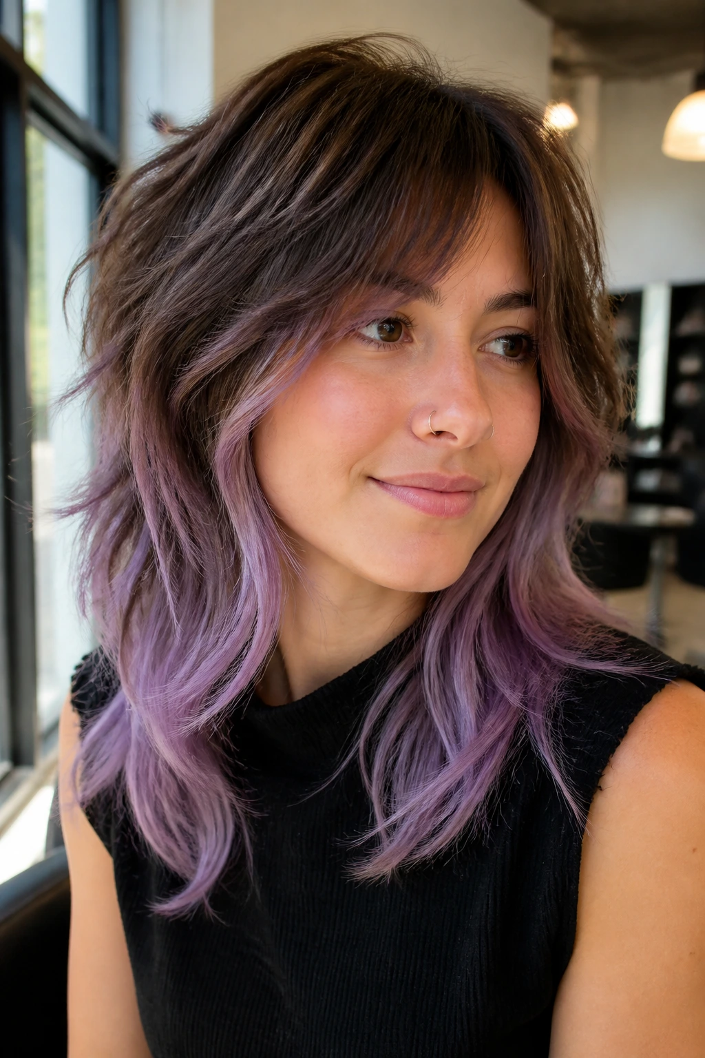 Close-up of layered shag with lavender ends on a real person in a salon setting
