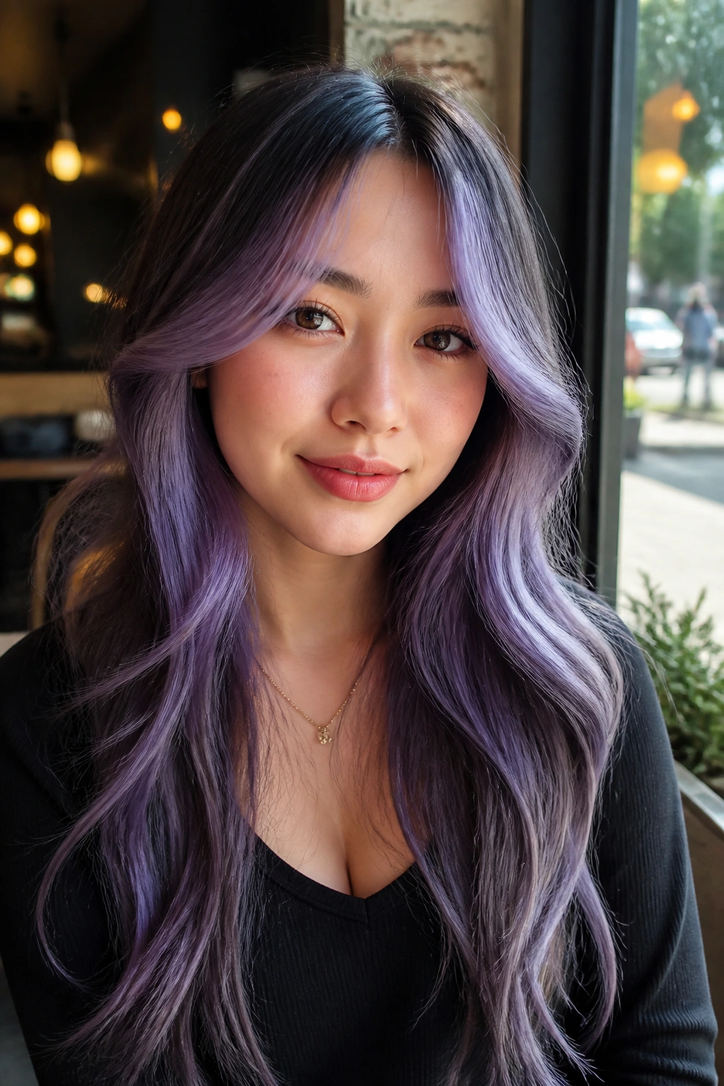 Front portrait showing lavender face frame and curtain bangs on a real woman