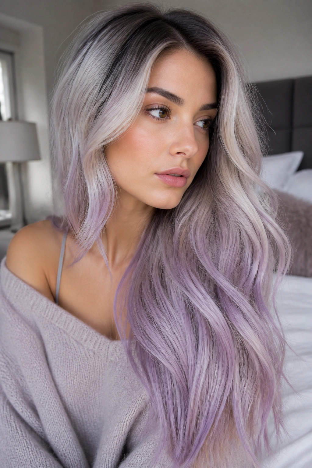 Close-up of long hair with smoky lavender fade and charcoal root shadow