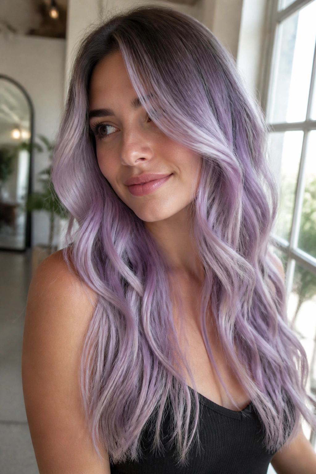Portrait of a real person with lavender fog ombre on long waves, pale lavender tones