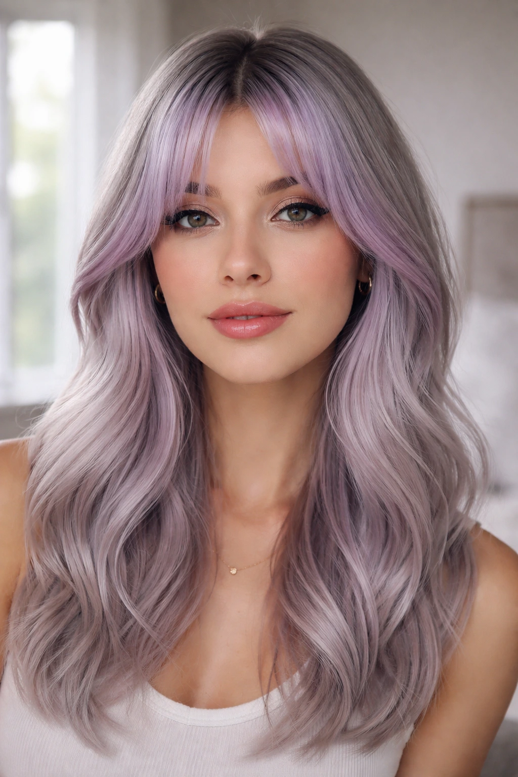 Close-up portrait of a real woman with soft lavender curtain fringe and silver hair.