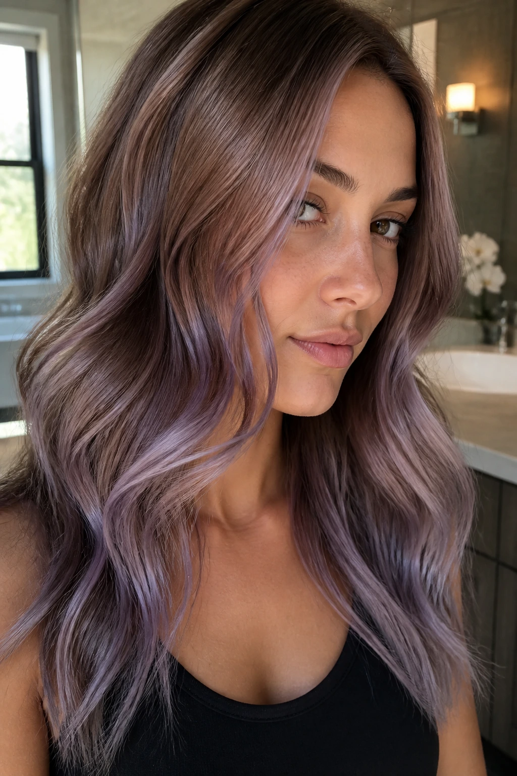 Close-up of lavender glaze on medium brown hair with soft lilac highlights