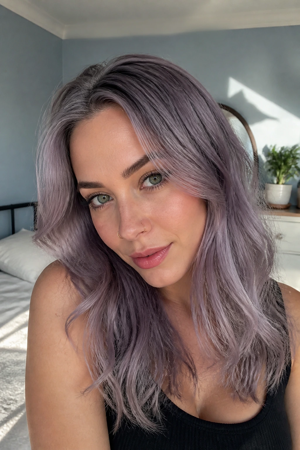 Close-up portrait of a real person with lavender gray hair