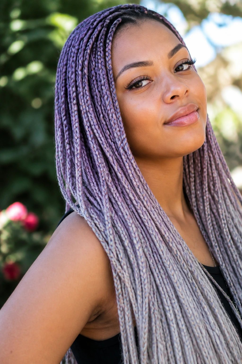 Woman with lavender-gray ombre braided hair outdoors