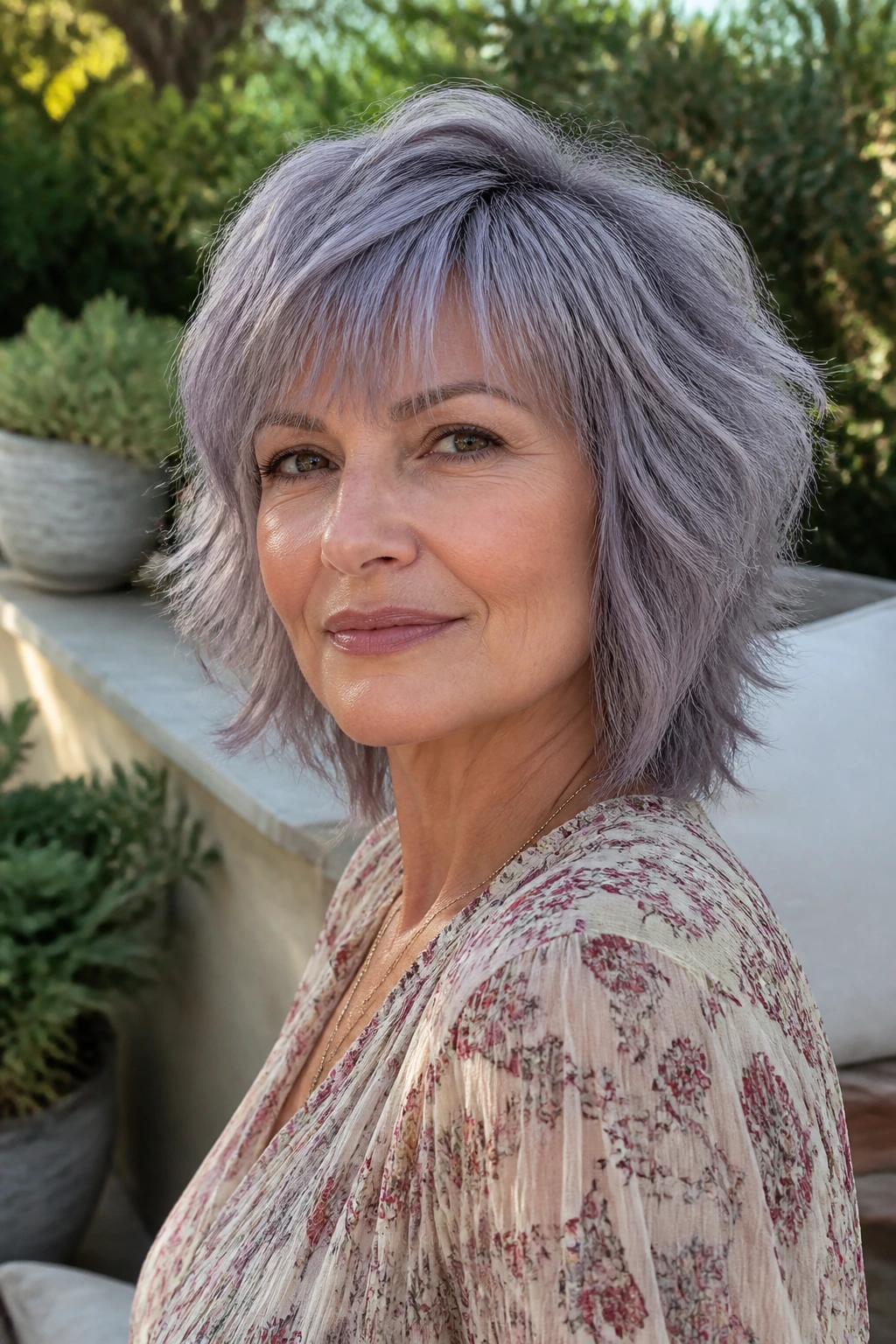 Portrait of a woman with muted lavender gray shag hairstyle outdoors.