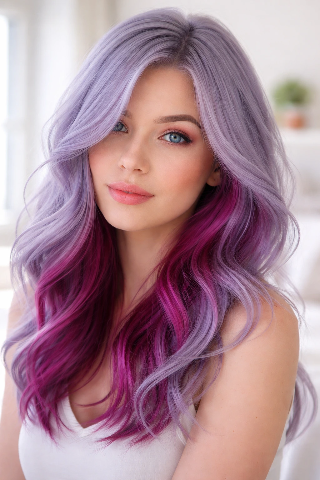 Close-up portrait of a real person with lavender-grey hair and fuchsia lowlights in soft daylight