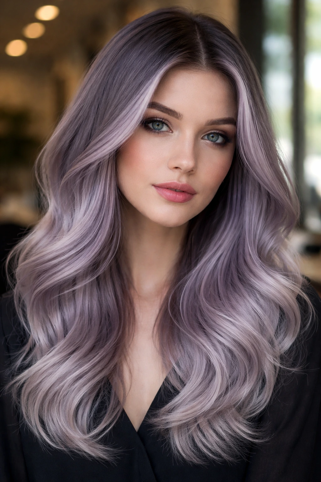 Close-up of a real person with a soft lavender-grey melt hair color, cool-root anchor to lilac ends.