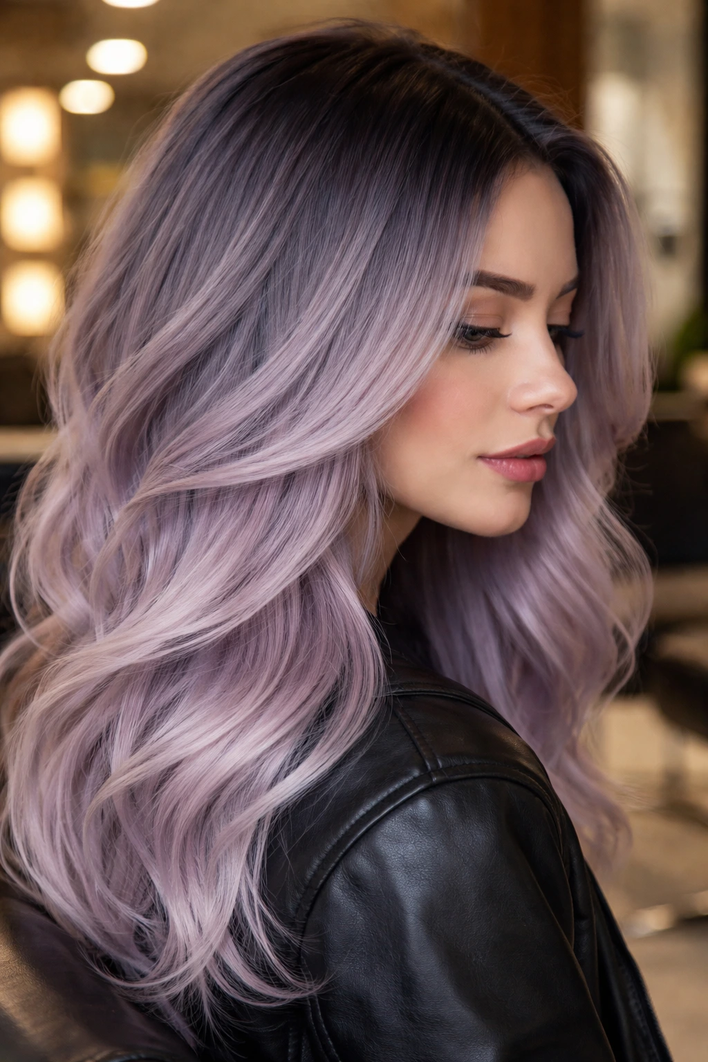 Close-up portrait of a real person with lavender-grey shadow root hair