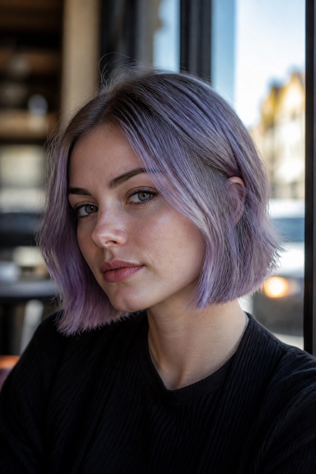 Close-up portrait of a real woman with smoky lavender bob hairstyle