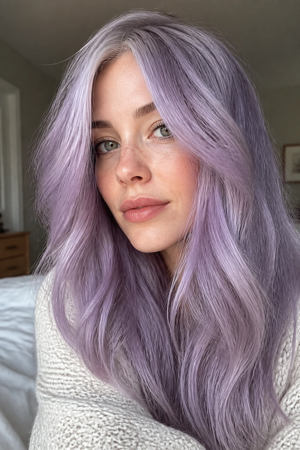 Close-up portrait of a real person with cool-toned lavender hair in a cozy bedroom