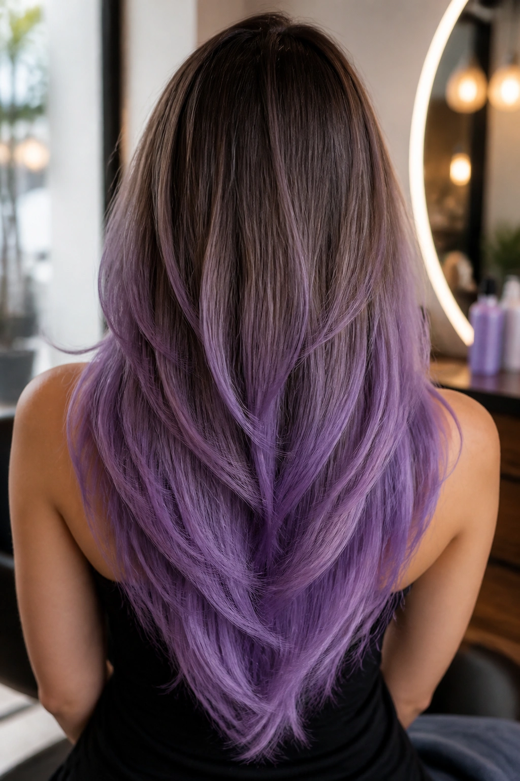 Back-of-head portrait of layered V-cut with lavender ends on long hair in a warm salon