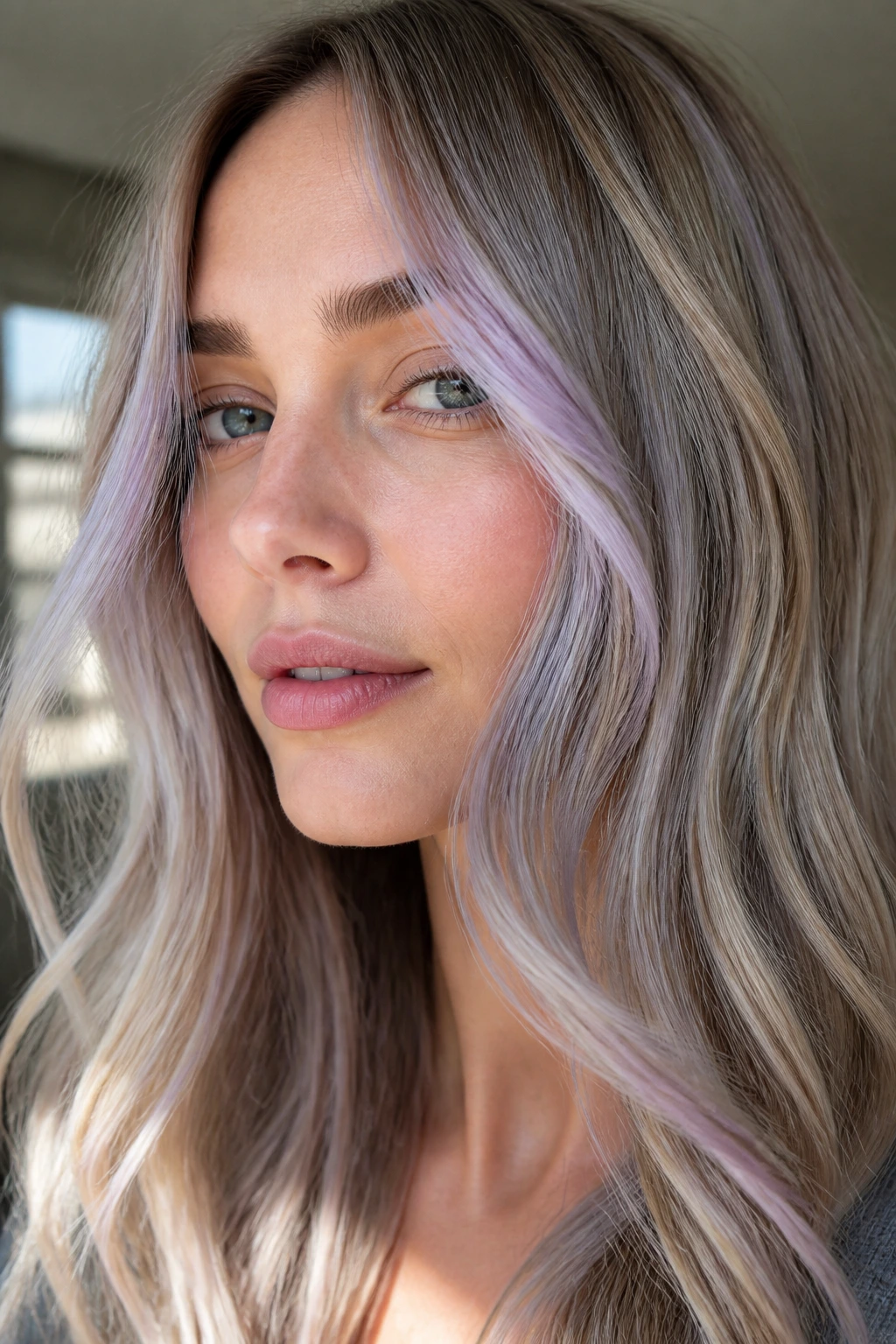 Close-up of a woman’s cool ash-blonde hair with lavender highlights framing the face