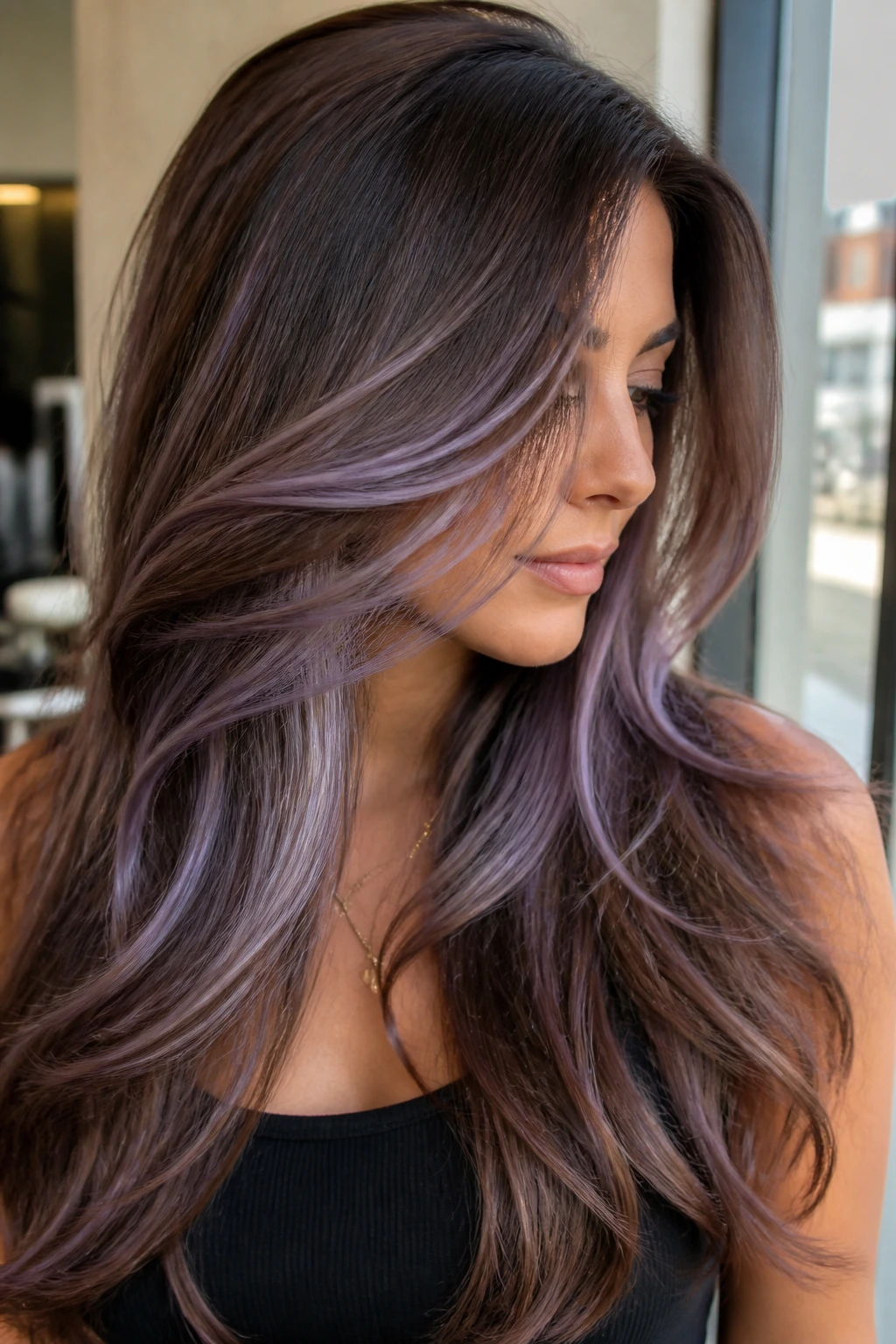 Close-up portrait of a woman with ribboned lavender highlights in long layers, lit by warm window light