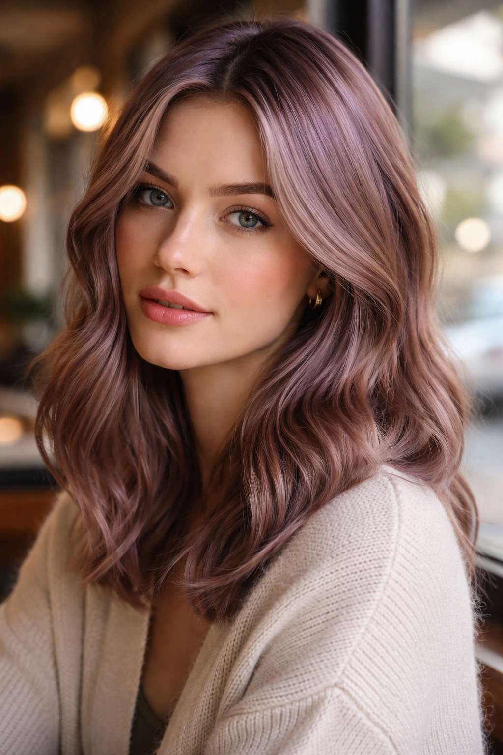 Close-up portrait of a real woman with lavender-kissed copper hair in daylight