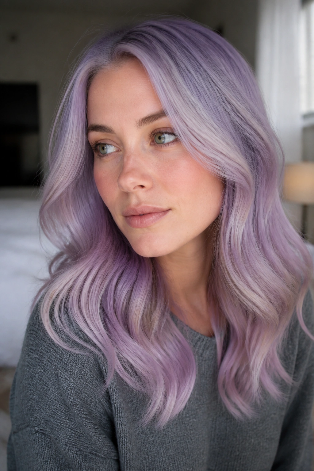 Close-up portrait of a woman with soft lavender melt gradient on cool skin tones