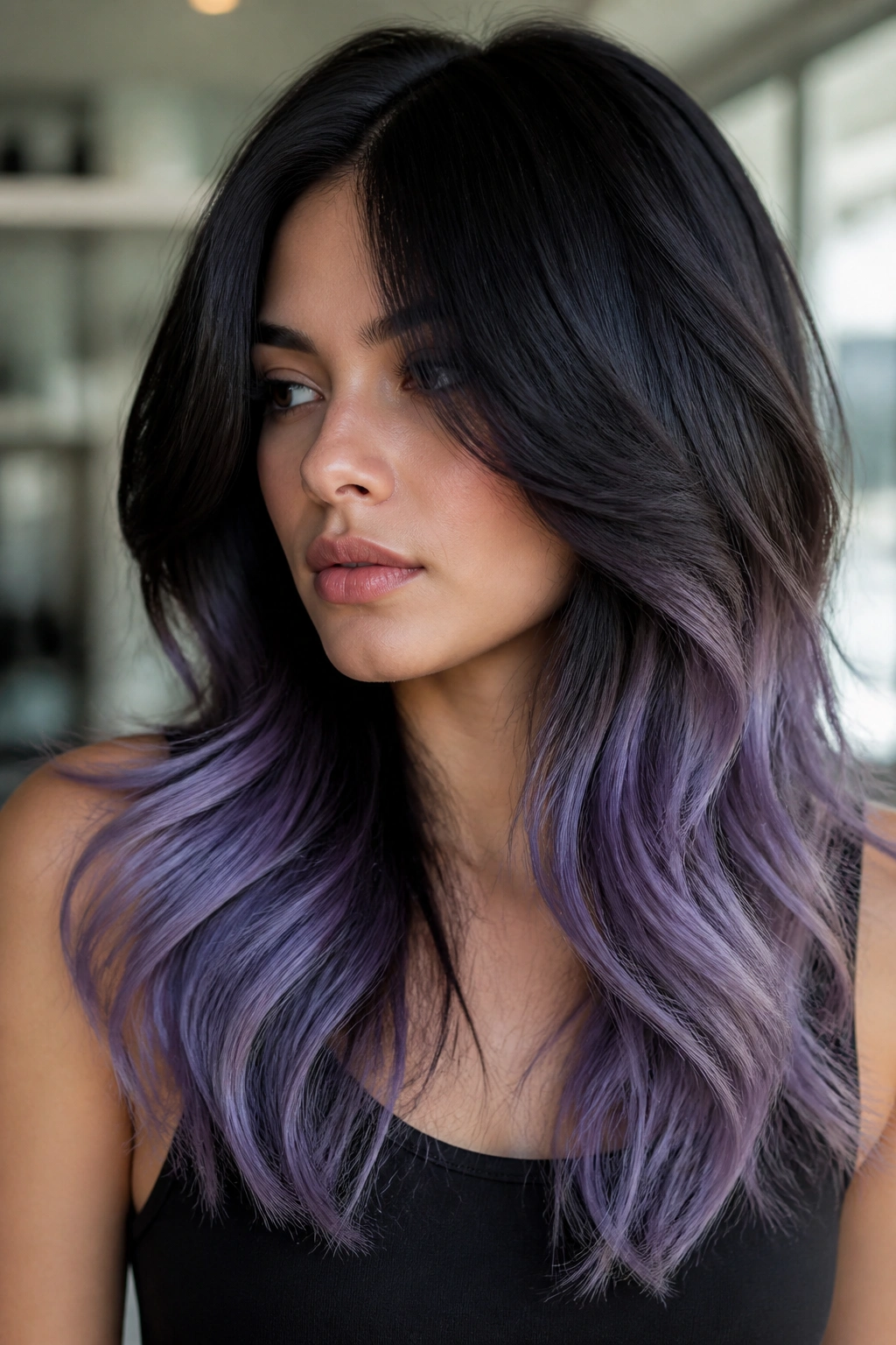 Real woman's long layered black hair with lavender melt starting below the chin