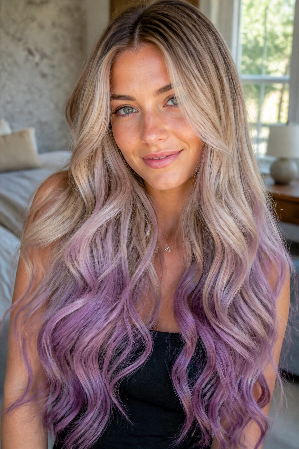 Close-up of a real woman with waist-length wavy hair in a soft lavender melt.