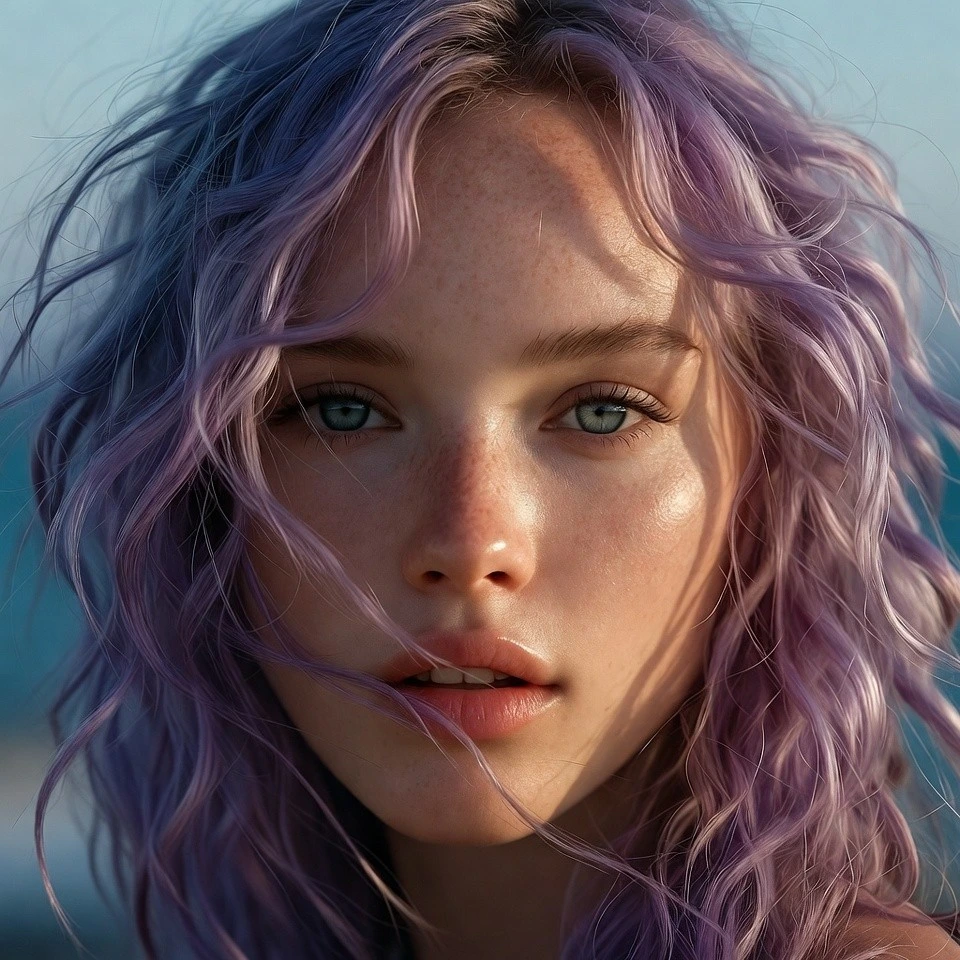 Woman with lavender mermaid waves and colored ribbons by the sea