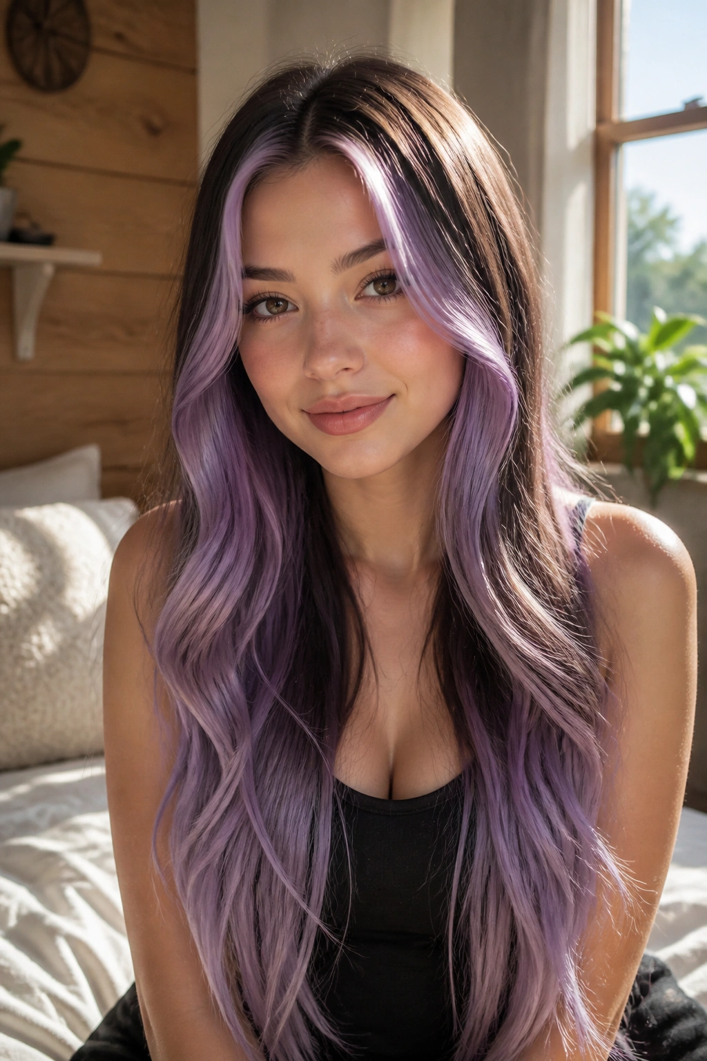 Close-up portrait of a real woman showcasing lavender money piece and long lavender ends.