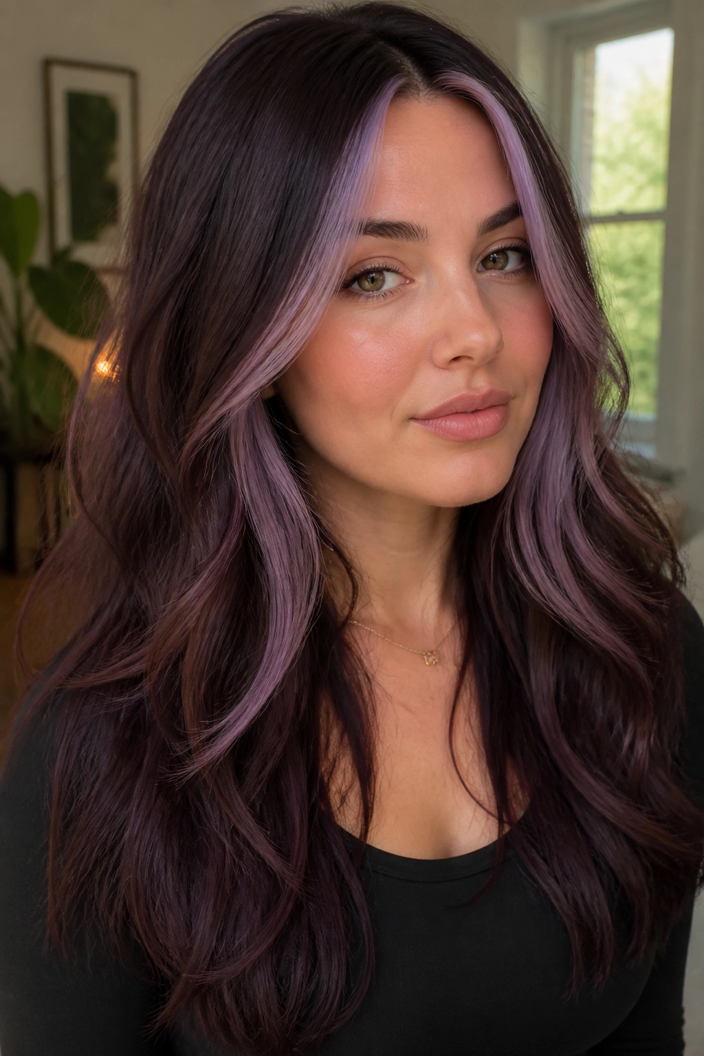Close-up of long layered hair with lavender money pieces on a real woman
