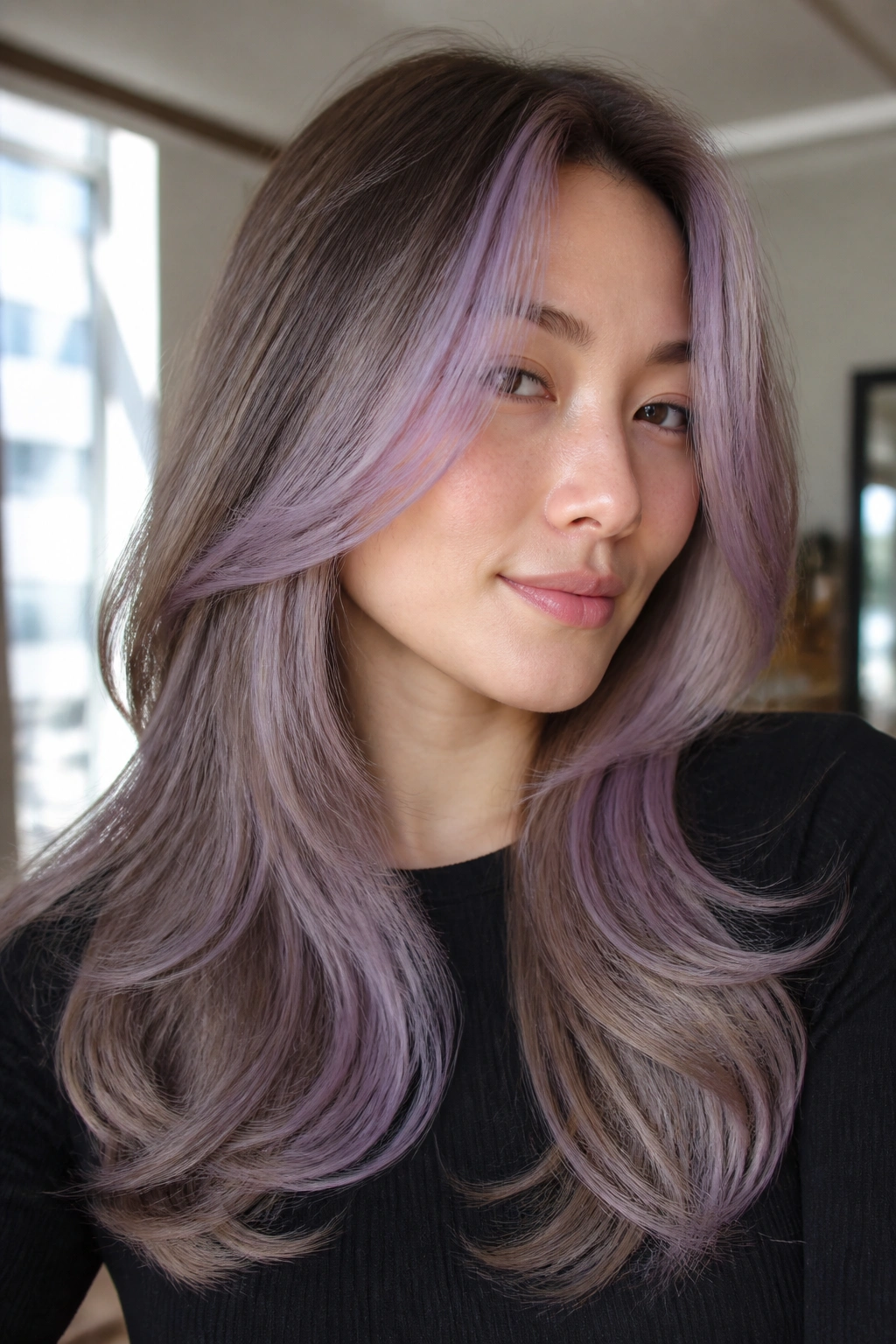 Layered hair with lavender money pieces framing the face