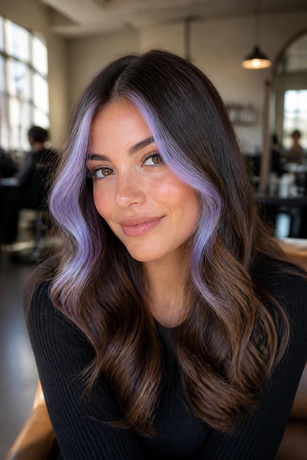 Close-up of brown hair with lavender face-framing pieces highlighting the front