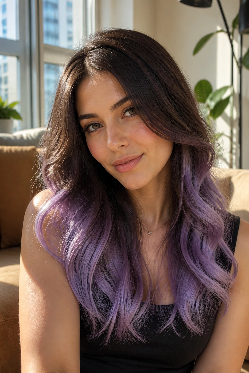 Brunette hair with lavender ombre from mid-lengths to ends in natural daylight
