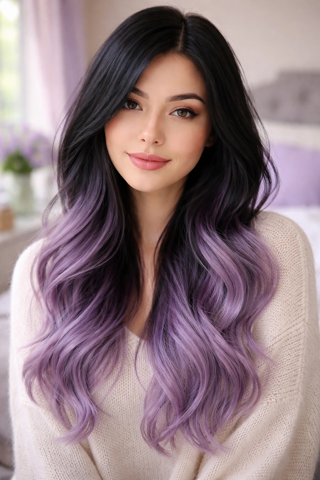 Close-up portrait of a real person with black-to-lavender ombre hair.