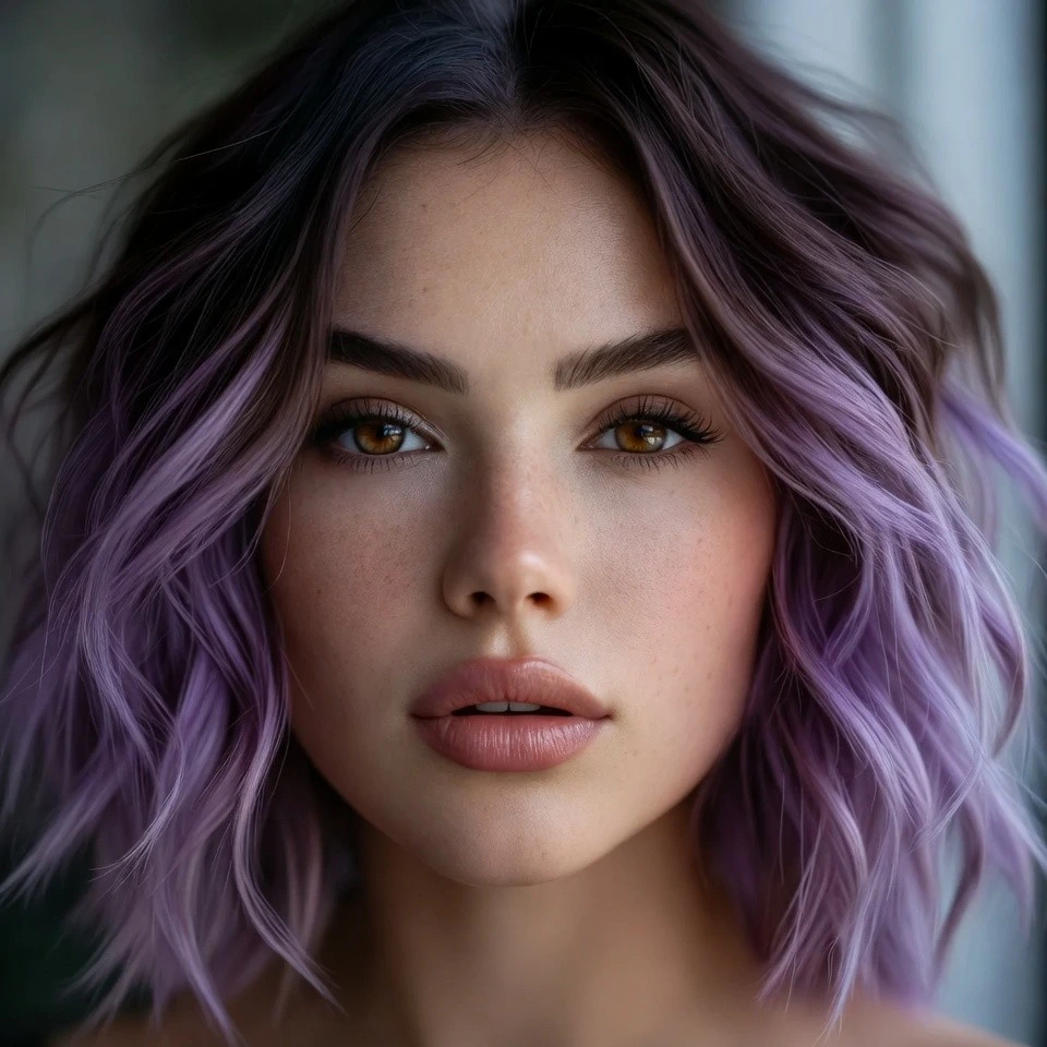 Close-up of a woman's hair showing a dark ash-brown root fading to icy lavender tips in a smooth ombré