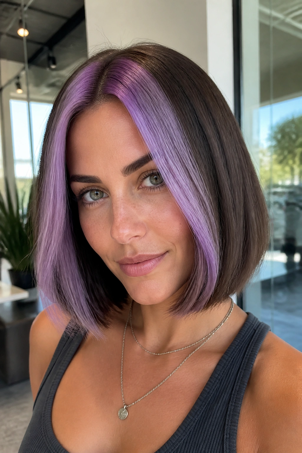 Close-up of bold lavender panels at crown on sleek bob