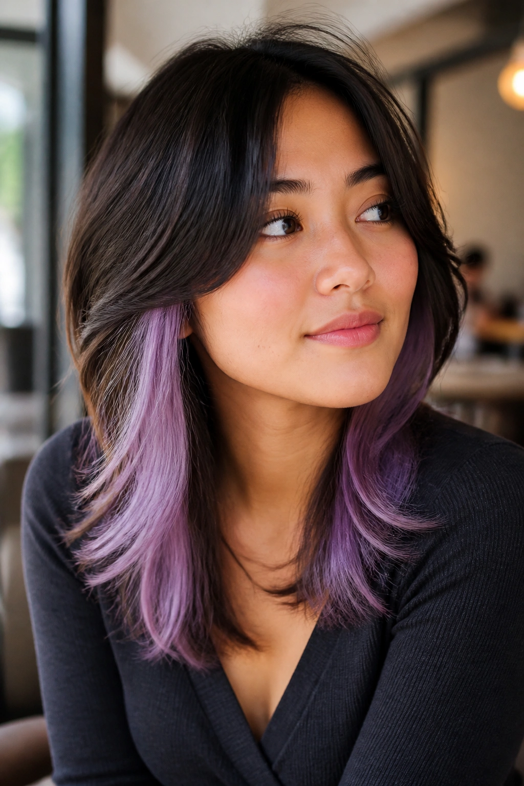 Portrait of woman with lavender peekaboo layers