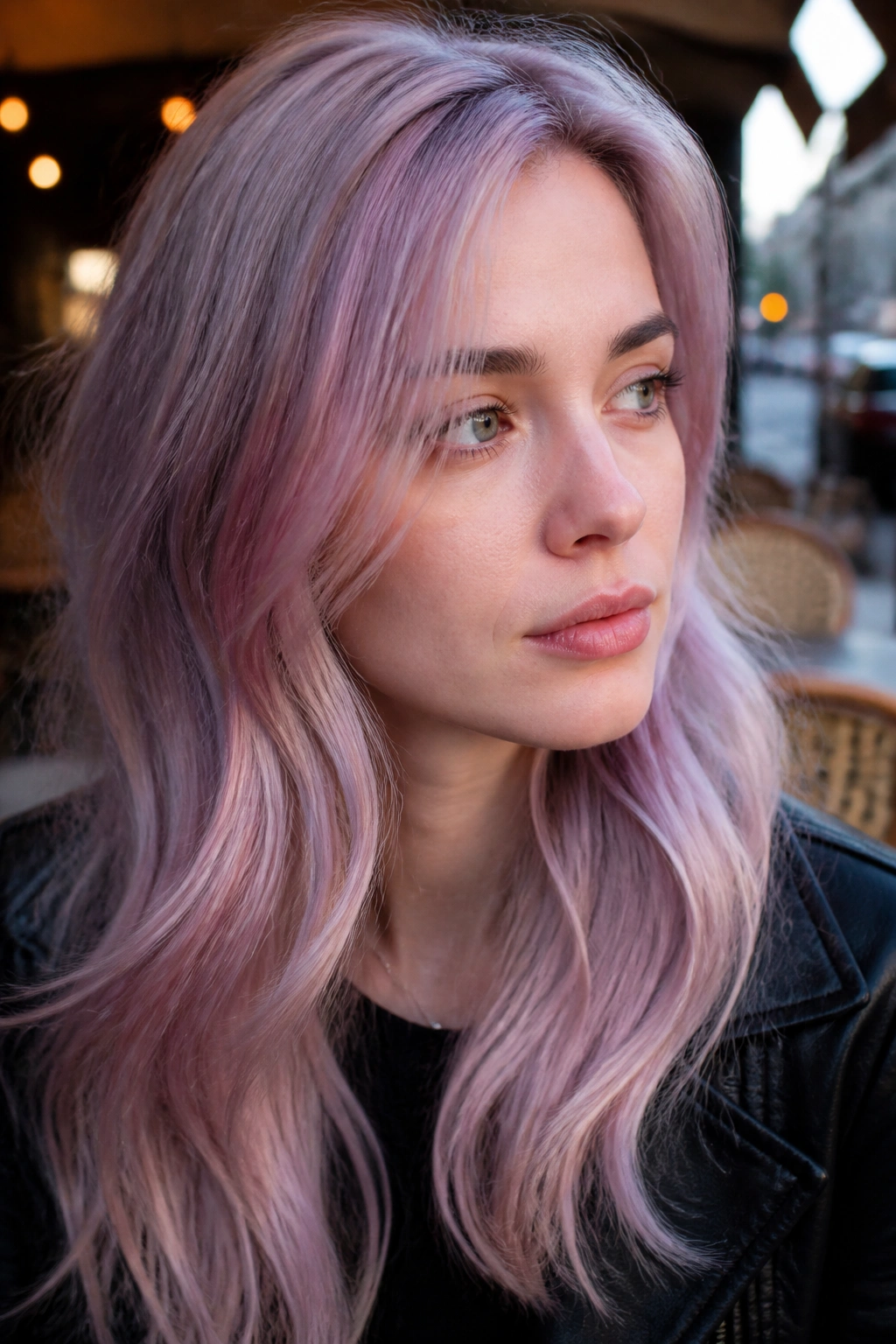Close-up of a real woman with lavender-tinted pink blonde in a street cafe setting.