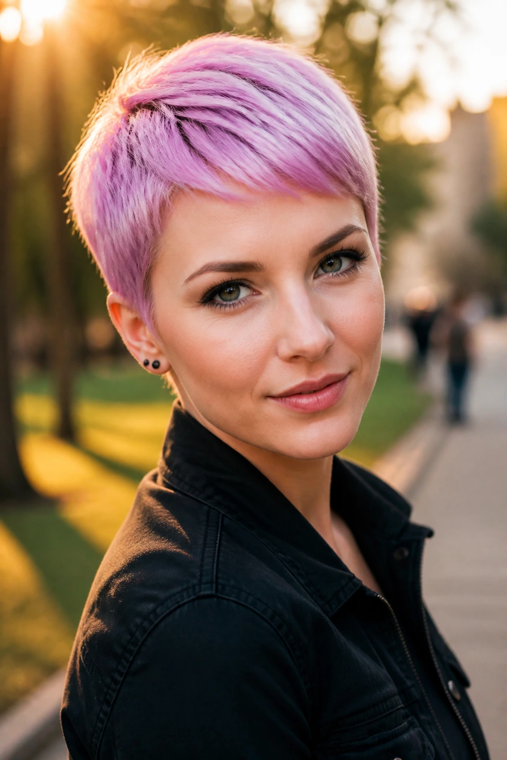 Portrait of a person with lavender-pink short hair in golden hour light