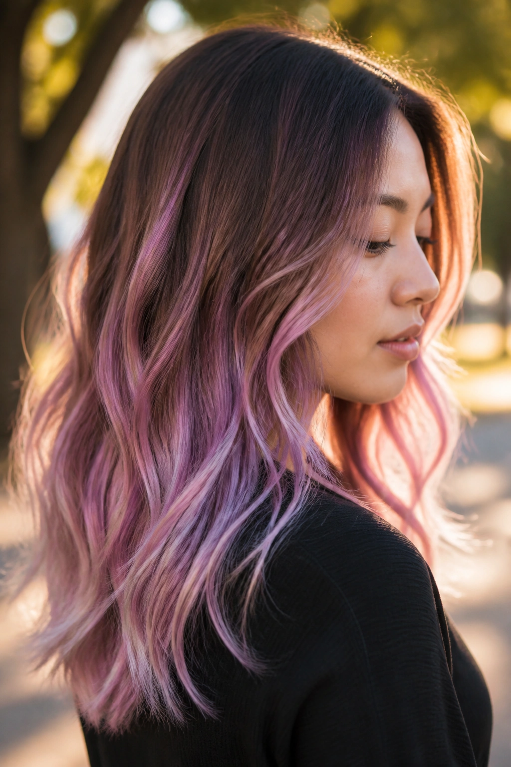 Close-up of a real woman with lavender-pink melt balayage on brown hair