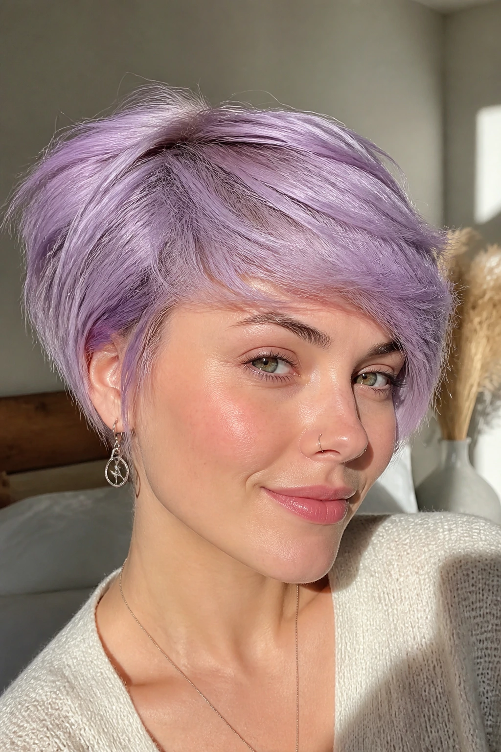 Lavender pixie bob on a real woman with crown lift and short sides.