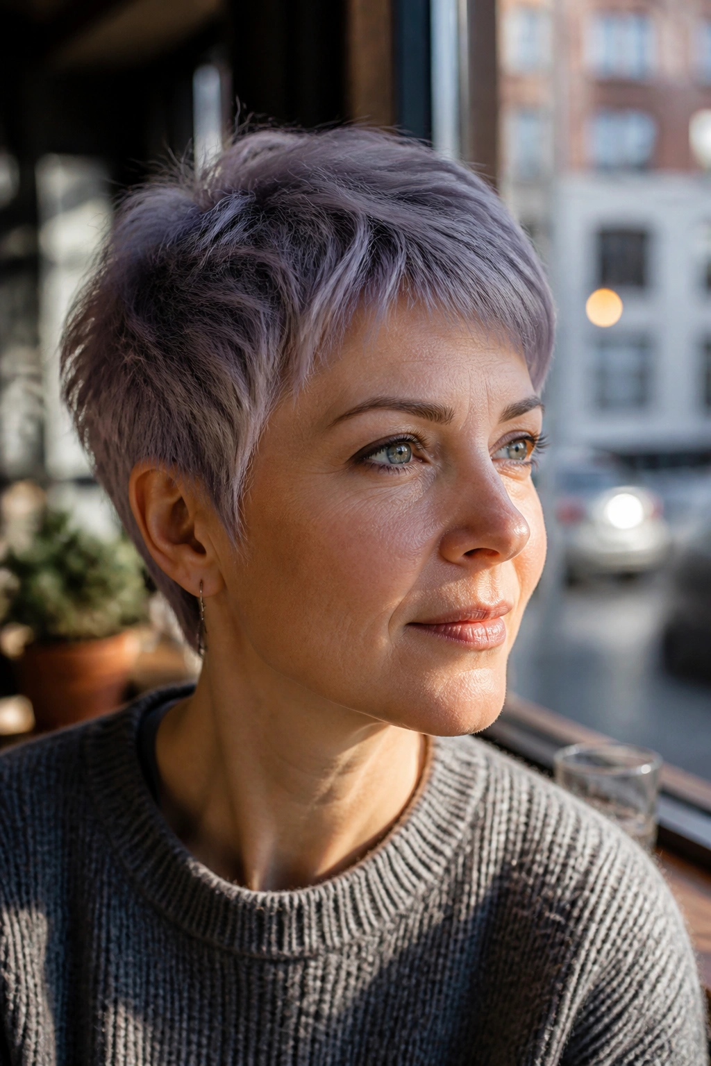 Close-up of Lavender Smoke Pixie Crop on a real person