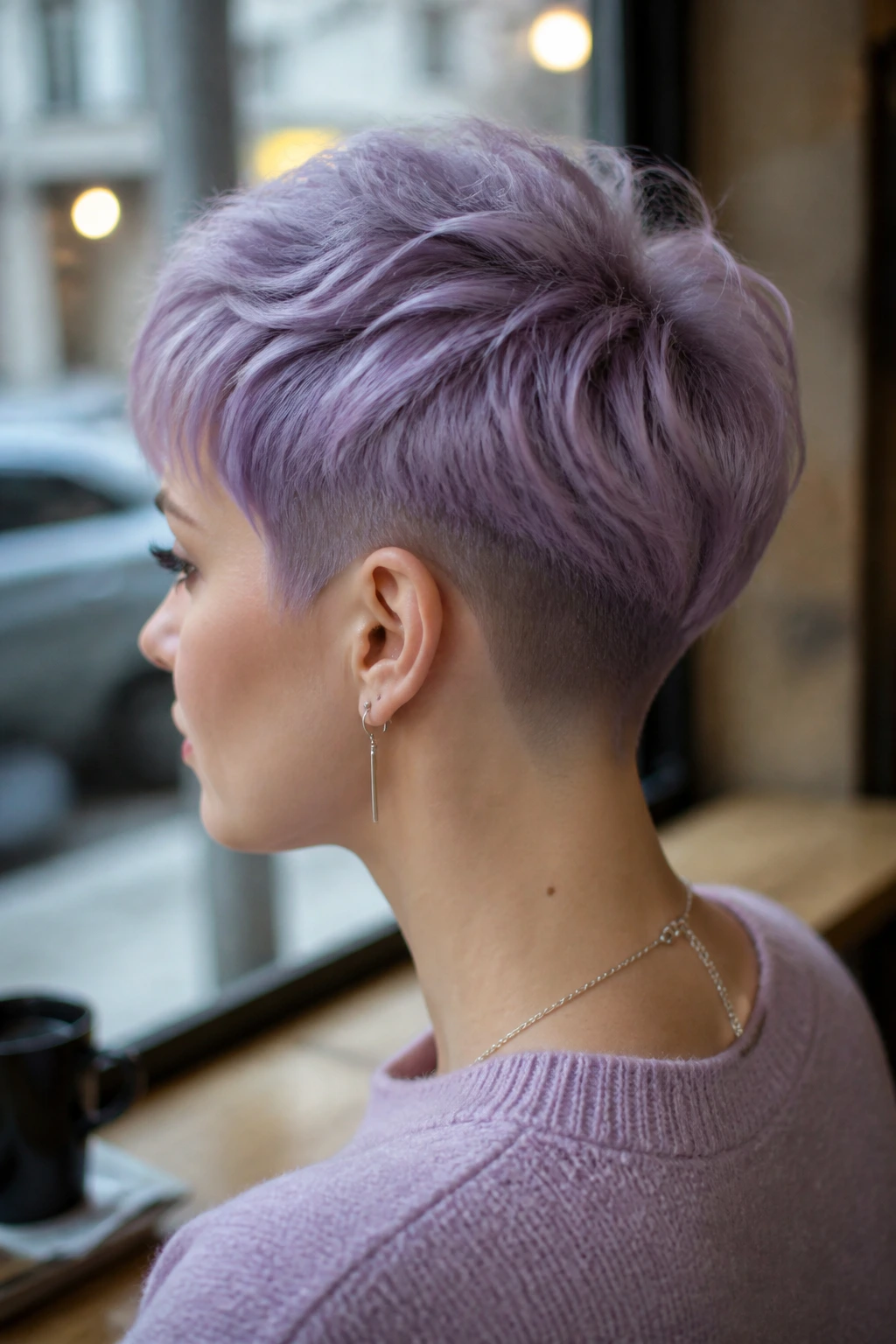 Close portrait of lavender pixie with nape undercut