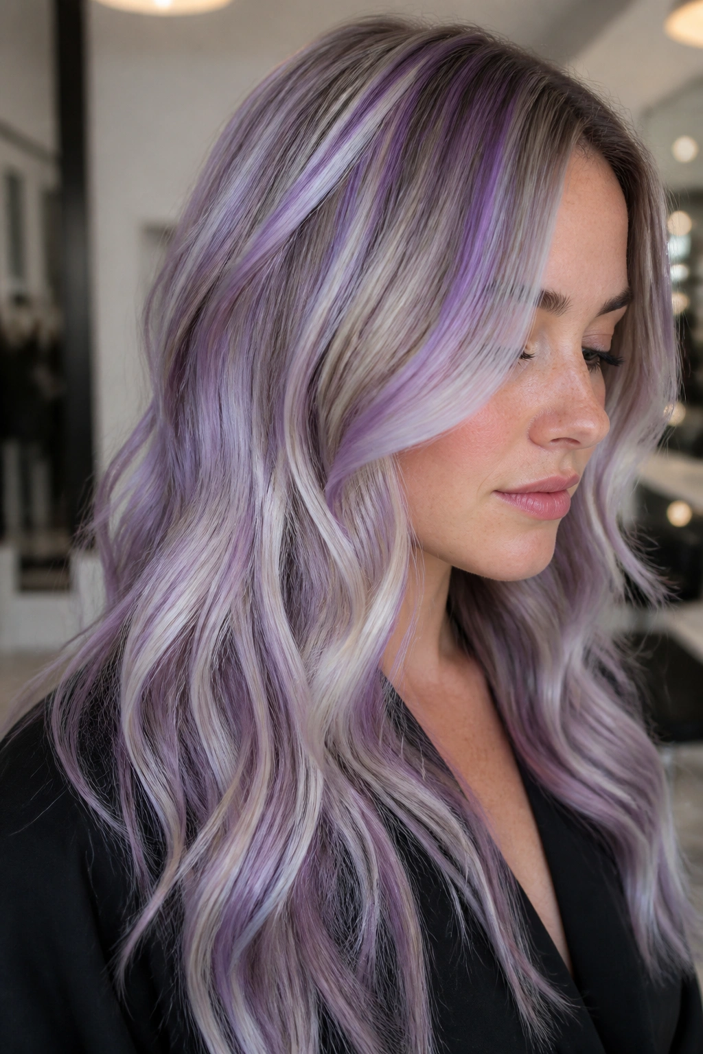 Portrait of a real person showing lavender ribbon highlights in hair.