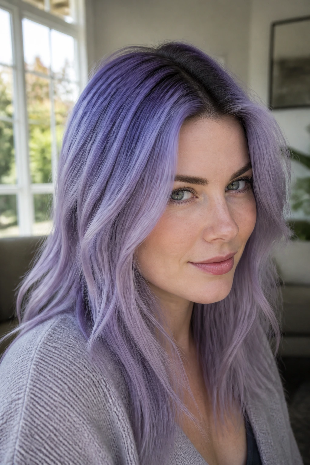 Close-up portrait of a real woman with lavender hair and darker root shadow, showcasing lavender root shadow against natural window light.