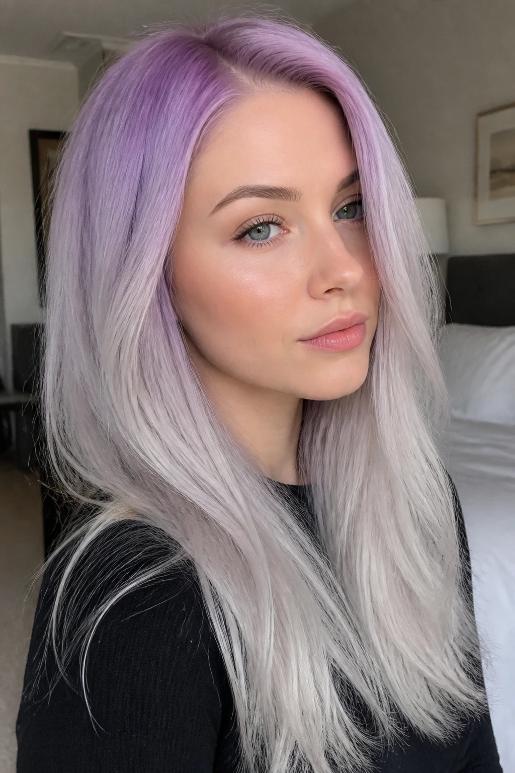 Lavender roots to ice blonde ends gradient on real person's hair