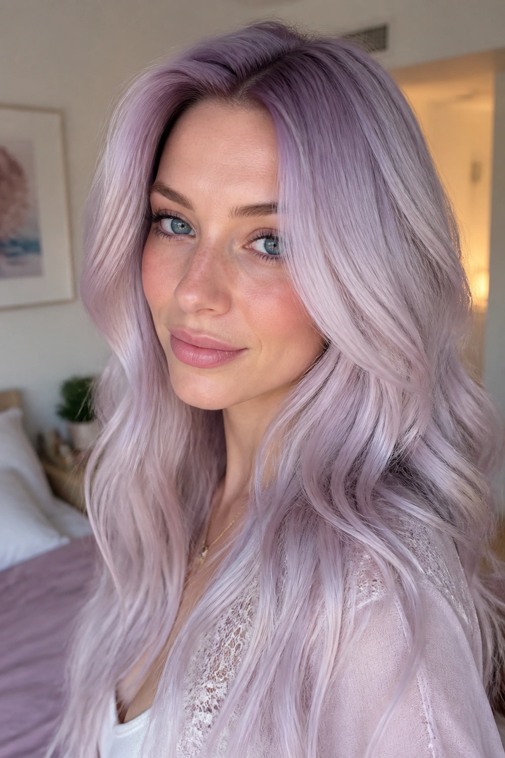 Close-up portrait of a real woman with Lavender Shadow-Root Blonde lavender hair and shaded root