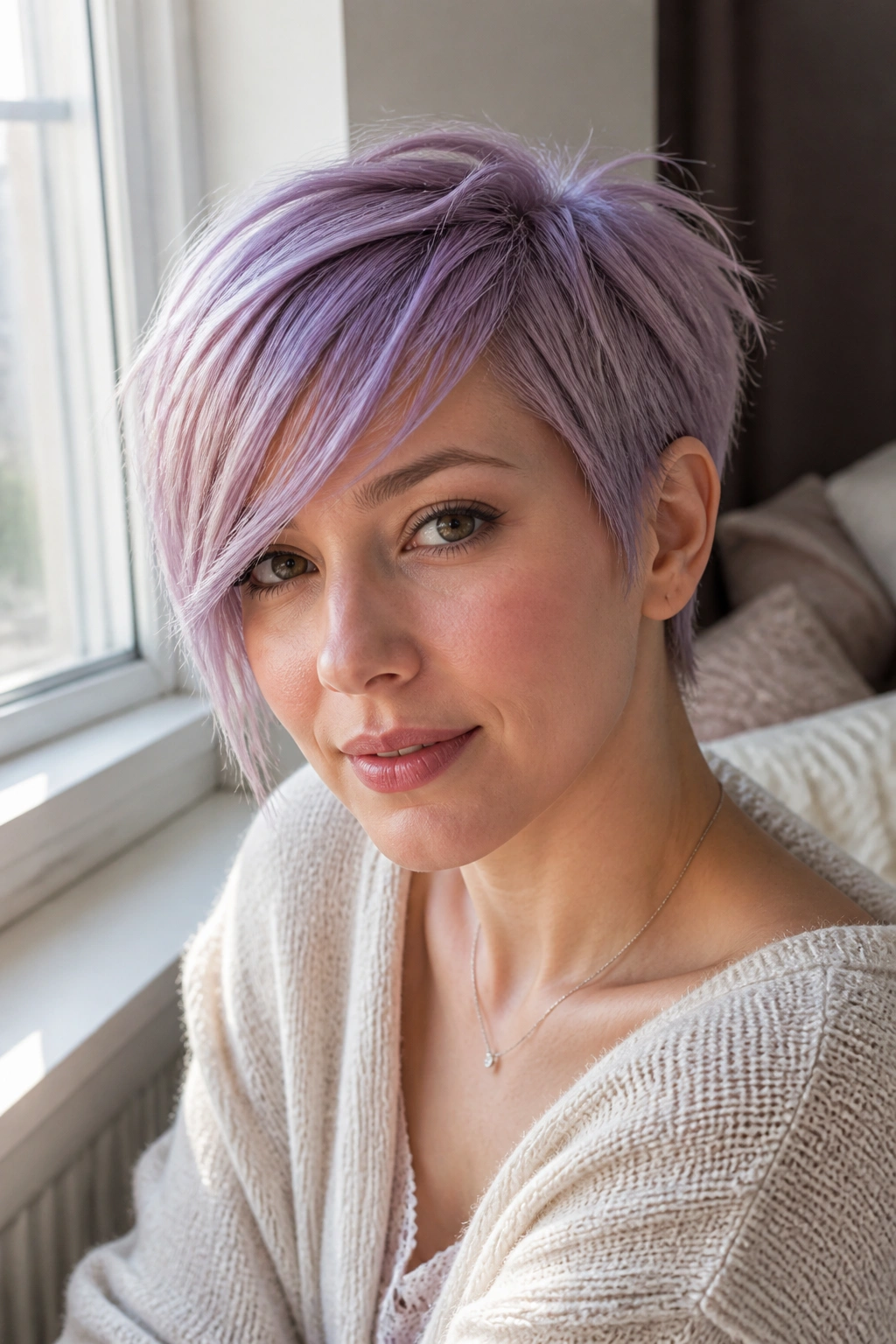 Close-up of a real woman with lavender side pixie fringe.