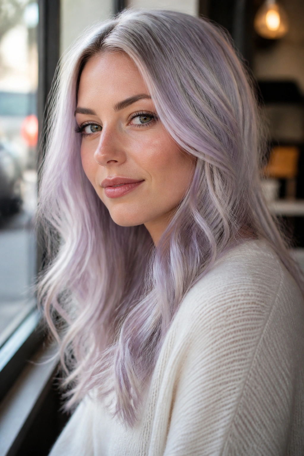 Close-up portrait of a real person with lavender-silver hair