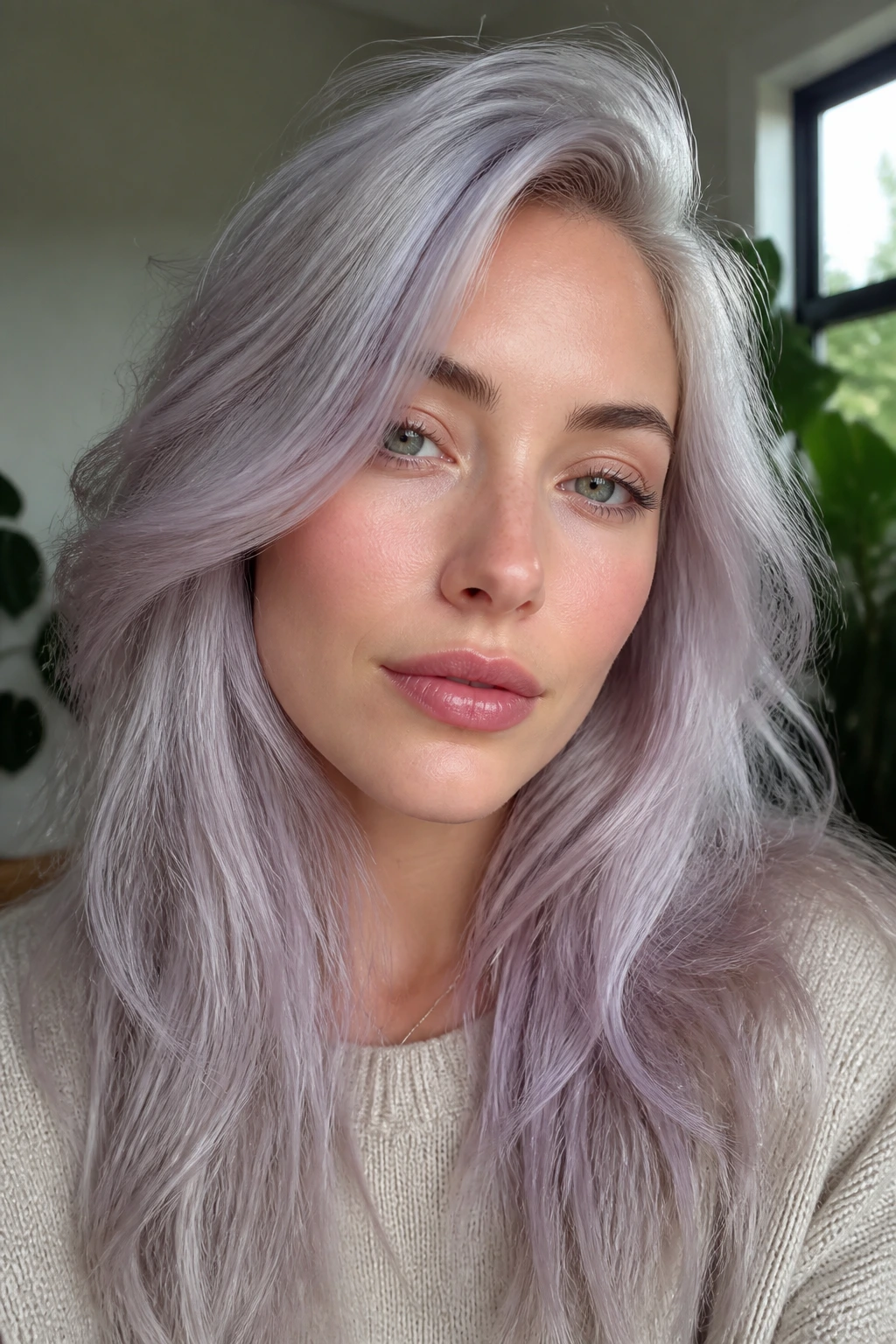 Close-up of real person with lavender-silver gloss hair around the face