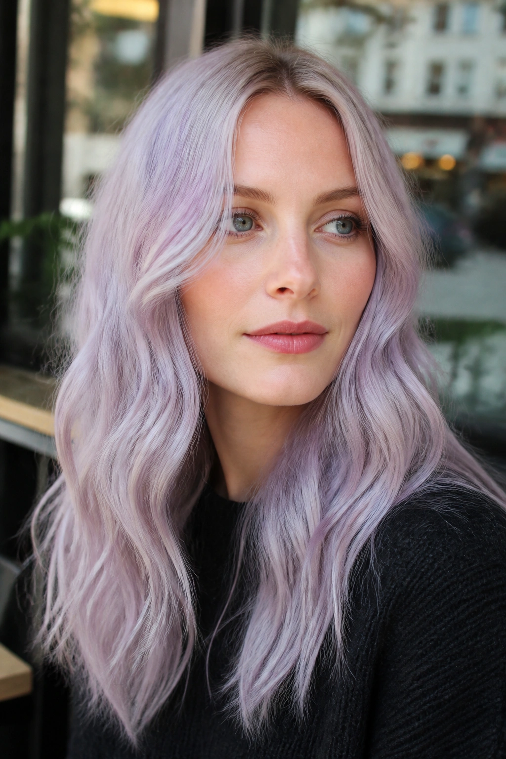Close-up portrait with lavender-silver hair framing the face