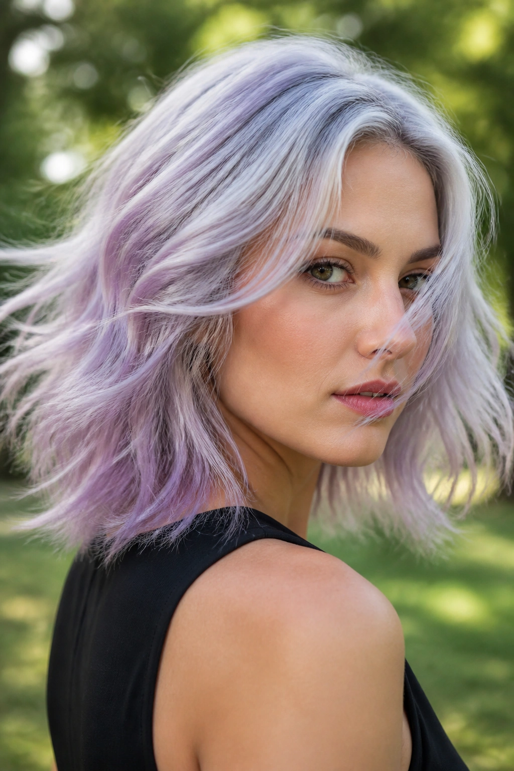 Close-up portrait of a person with lavender-silver hair in a park setting